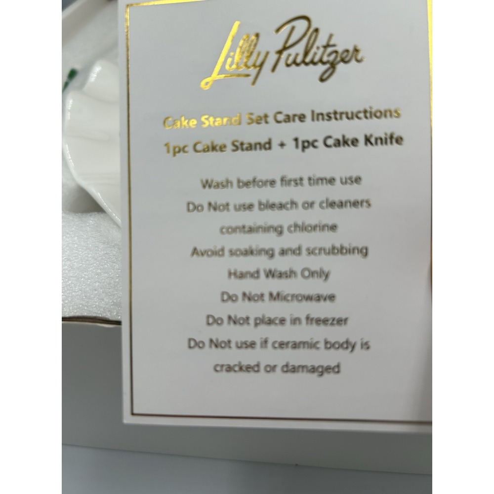 Lilly Pulitzer 017521 12in Ceramic Cake Stand & Knife Set Green/White Floral - Picture 5 of 10